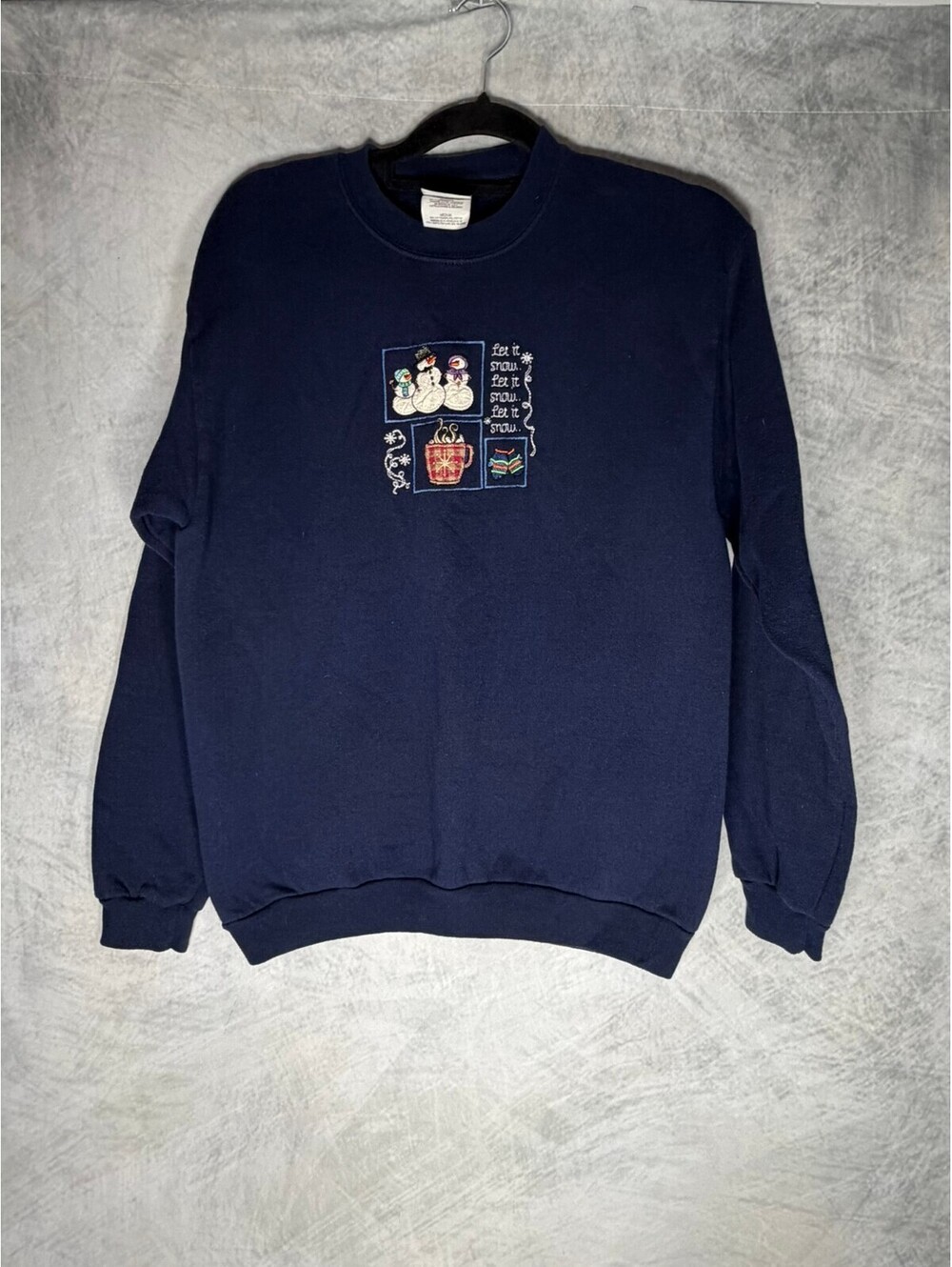 Vintage Tultex Christmas Sweatshirt Medium Let It Snow Snowman Navy 90s Y2K